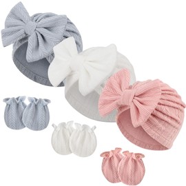 DRESHOW Newborn Baby Hat and Gloves Set Beanie Clothing Unisex Infant Hat Nursery Hat Baby Boys Girls 0-6 Months, 3 sets: bow hats & mittens 58-c02