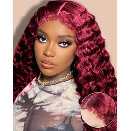 MENTOR 4C Edges Lace Front Wig Deep Wave Burgundy Human Hair 13x4 99j Red Lace Frontal Wigs Deep Curl with Kinky Edges Pre-Plucked 180% Density 22 inch