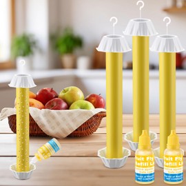 Qualirey 3 Pack Fly Trap Sticks for Indoors & Outdoor, Comes with 2 Pack Fruit Fly Trap Refill Liquid (0.68oz / Bottle), Non Toxic Hanging Sticky Flies Catcher Stick for Gnats Wasp Bugs Flying Insects