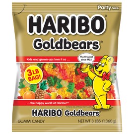 HARIBO Gummi Candy, Original Goldbears Gummy Bears, 3 Pound Party Size Bag (Pack of 4) Delicious Soft & Chewy Sweet Snacks, Assorted Fruity Flavors