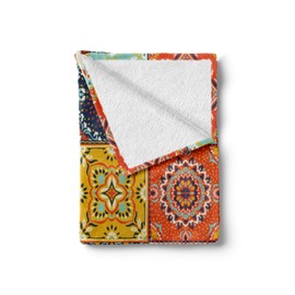 Lunarable Vintage Turkish Throw Blanket, Colorful and Patchwork Design Ethnic Inspired Pattern Ornamental Squares, Flannel Fleece Accent Piece Soft Couch Cover for Adults, 60" x 80", Orange Mustard