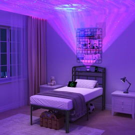 XXF Twin Size Metal Bed Frame for Kids,18IN No Box Spring Needed, Storage Rack with Charging Station & Northern Galaxy Light Aurora Projector, Noise-Free