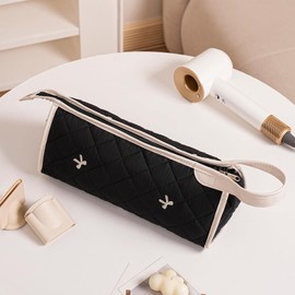 Large Quilted Hair Tools Travel Bag, Waterproof Aesthetic Hair Styling Accessories Storage Case for Flat Irons,Straightener,Curling Iron,Hair Dryer,Dyson Airwrap Travle Bag（02Black Bow）