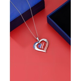 Shusukue Independence Day Heart Shape Pendant Women's 925 Sterling Sliver Patriot Pendant Independence Day Flag Necklaces 4th of July Jewelry Gift
