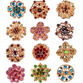 12 Pcs Crystal Button Brooches Rhinestone Button Scarves Buckle Floriated Brooches Pin Rhinestone Corsage Bouquet Kit DIY for Women Wedding Anniversary Decoration (Multi-Colors)