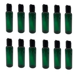 Natural Farms - Botellas de plástico Cosmo verde de 2 onzas, paquete de 12 botellas vacías recargables, sin BPA, aceites esenciales, aromaterapia, tapa negra de disco a presión, fabricado en los Estados Unidos