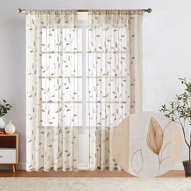 FLCSIed Elegant Sheer Curtains with Embroidered Leaf Design Spring Floral Curtains for Bedroom Light Filtering Rod Pocket Window Treatments Decor 2 Panels (Beige, 52inch*84inch(132cm*213cm))