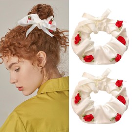 Kistreao Flower Hair Ties Rose Hair Scrunchies Elastic Hair Bands with Ribbon Bows Ponytail Holders Hair Accessories for Women Girls Mother's Day Birthday Wedding Party Favors Supplies 2Pcs