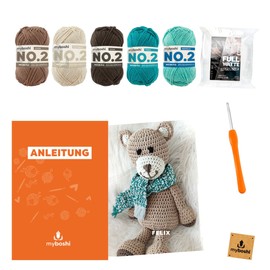 myboshi Häkelset Amigurumi Teddy Felix, inkl. No.2-Wolle, Häkelnadel, Füllwatte, Anleitung und original Label, Kuscheltier, 85% Baumwolle, 15% Kapok Teddy Felix mit Häkelnadel