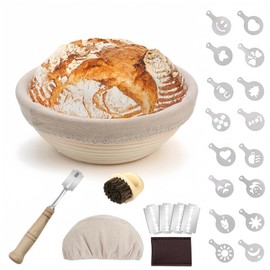 Bitcoraje Gärkorb Rund Brot 25cm, Brotkorb aus Rattan, Set zur Herstellung von Brot, mit Linen-Stofffutter, Schaber, für Teig, Pizza und Sauerteiggebäck