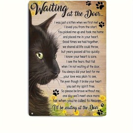 Vintage Metal Aluminum Sign - "Cat Waiting At The Door Poem Sunflower" Decorative Wall Art - 8x12 Inch, Rustic Home Decor, Pub, Garden, Farmhouse, Cafe, Shop,Man Cave, Garage