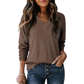 Dokotoo Womens Casual Oversized Long Sleeve V Neck Lightweight Shirts for Women Comfy Loose Fit Basic Pullover Tunic Tee Shirts Tops 2025 Fashion Button Fall Coffee Large