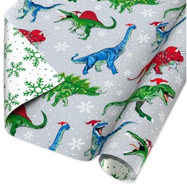 American Greetings Kids Christmas Wrapping Paper Roll with Dinosaurs, Gray, White, Green Holiday Gift Wrap (60 sq. ft., 1 Reversible Roll) T-Rex, Triceratops, Velociraptor, Brontosaurus, Stegosaurus