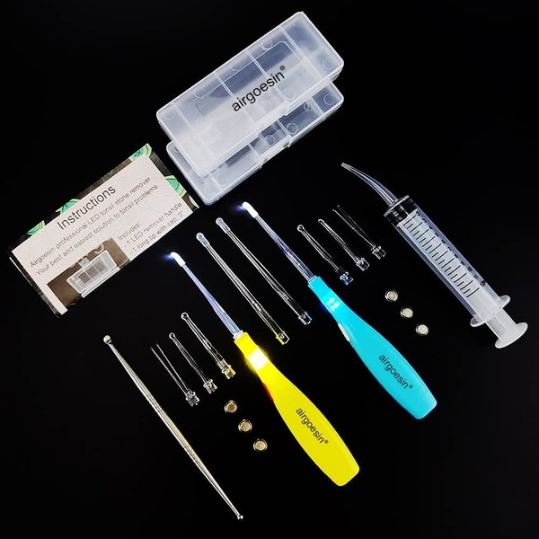 Airgoesin™ Longer Tips 2 Sets Tonsil Stone Remover Kit w/LED Tool, Irrigation Syringe & Stainless Tonsil Pick