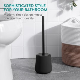 Navaris Toilet Brush and Holder Set, Black - Toilet Brushes & Holders - Soft Touch & Rubber Coated Loo Brush with Stainless Steel Handle - Adjustable Silicone Water Stopper