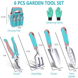 6PCS Gardening Gifts for Women: Garden Tools Set with Hand Rake Pruner Trowel Transplanter and Storage Tote for Planting Weeding and Pruning Mother's Day Birthday Gifts