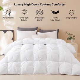 SNOWMAN All-Season 75% Down Comforter Queen Size, Pinch Pleat Duvet Insert with 8 Corner Tabs, Medium Warm Bed Comforter,Soft and Durable Down Proof Cotton Blended Fabric (White, 90"x90")