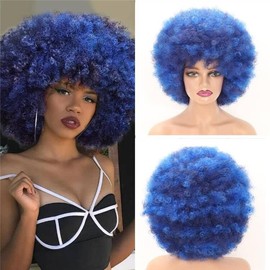 Short Fluffy Afro wigs for Black Women 8 Inch Kinky Curly Puff Synthetic Hair Wigs Heat Resistant Wigs Soft Bouncy Curls Hair Wigs for Cosplay Costume and Daily Party (Blue)