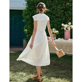 EVAZOU Women's White Cotton Boho Embroidered Eyelet Midi Dress, Sailor Collar Sleeveless Summer Casual Beach Vacation Dress with Pockets, M