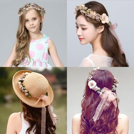 Flower Crown Headband Wreath Garland Hair Bands Floral Wedding Bridal Hair Hoop Women Leaf Ribbon Party Decoration Headdress Headwear Handmade Headpiece Hair Accessories 2 Pack (Purple, 47CM)