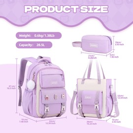 PIG PIG GIRL Girls Backpack, 3pcs Sets Kids Backpack for Girls with Anti-theft Back Pocket, Lightweight School Backpack Water Resistant Tote Bag with Pencil Case for Elementary Primary School, Purple