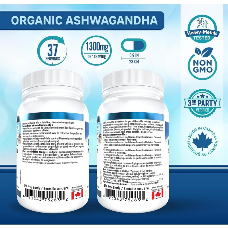 Organic Ashwagandha Supplement 650mg, 18-Day Supply, 75 Count