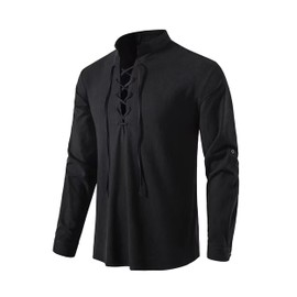JIM LEAGUE Men's Renaissance Shirts Medieval Viking Pirate Peasant Costume Retro Style Long Sleeve Clothes with Lace Up Black