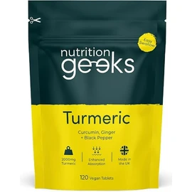 Nutrition Geeks Turmeric Tablets 2000 mg with Black Pepper & Ginger, High Strength Curcumin Supplements, Vegan and Gluten Free, UK Made, 120 Count