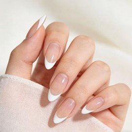 Uñas postizas francesas - Forma almendrada mediana puntiaguda, 15 tamaños, 30 piezas de uñas adhesivas de gel suave reutilizables, kit clásico de uñas