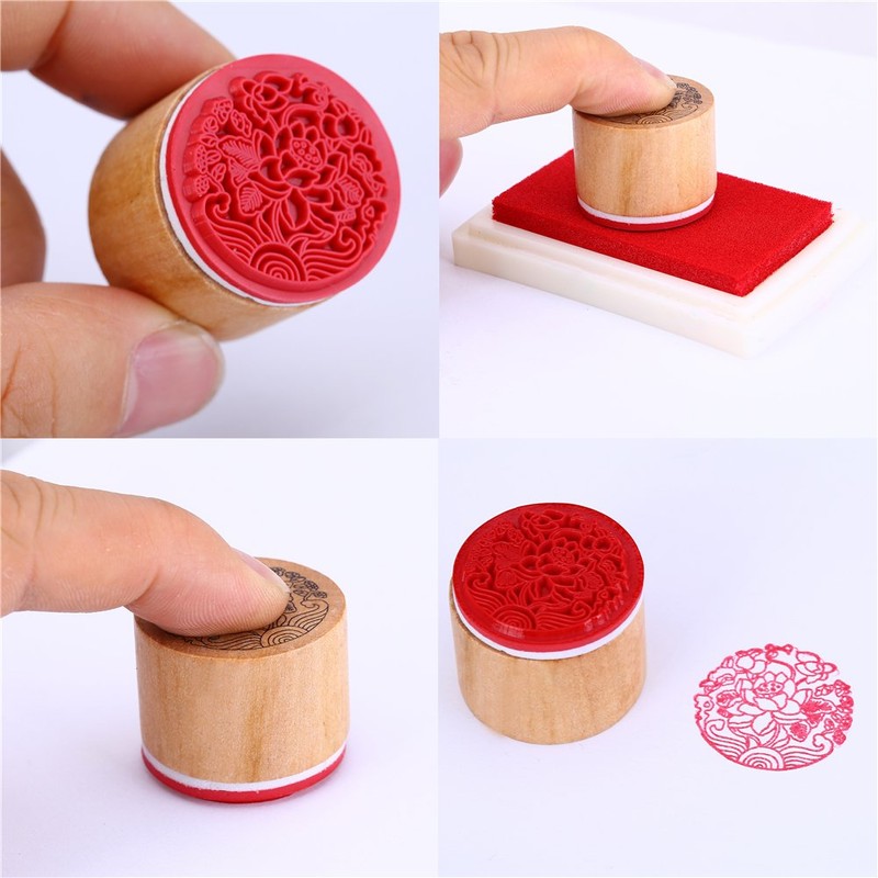 CCINEE 6pcs Round Rubber Stamps Floral Pattern Wooden Stamps for