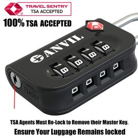 ANVIL TSA Approved Luggage Lock - 4 Digit Combination, 10,000 Combinations, Easy-Read Password Window, Travel Lock for Suitcases, Backpacks, Gym & Student Lockers, Baggage (Black 4 Pack)