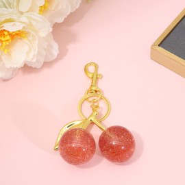 Cherry Purse Charms Keychain,Atifober Pink Cherry Bag Charms for Handbags Cute Cherry Keychain for Women Glitter Bag Accessories Charms Gold Cherry Decoration Charm for Mothers Valentine Birthday Day