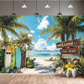 Grtuspr 10x8ft Summer Hawaiian Beach Photography Backdrop, Tropical Blue Sky Ocean Palm Leaves Surfboard Background, Luau Aloha Party Banner for Wedding Baby Birthday Party Decor Photo Booth Prop