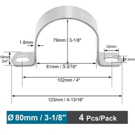 Heavy Duty Pipe Clamps 3-1/8" FamlTol U Pipe Brackets 304 Stainless Steel Tube clamp Rigid Pipe Strap for Pipes and Cables | Ø 80 mm | 4 pcs