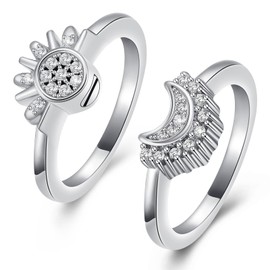 Cremation jewelry for Ashes - Celestial sun and moon Ring Set, Sparkling sun/blue moon rings, Plated silver, friendship/promise rings, Stackable celestial jewelry, Gift for Women/Girls (8 sizes)