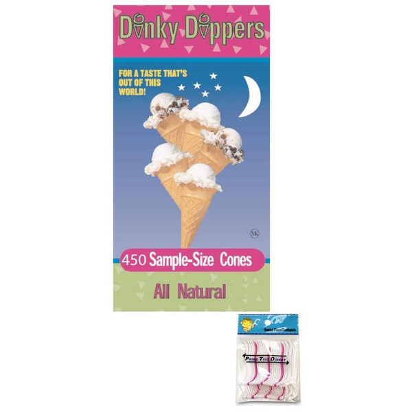 Dinky Dippers Miniature Ice Cream Cones Bulk Pack 450 Count Bundle with PrimeTime Direct 20ct Dental Flossers in a PTD Sealed Bag