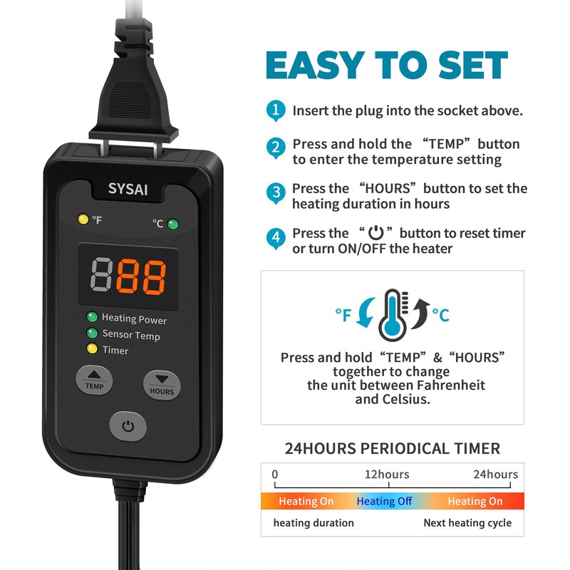 SYSAI Temperature Controller for Reptile Tank, Heat Mat, Seed Germination,