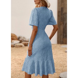 Febriajuce Women's Summer Wrap Maxi Dress Casual Boho Floral V Neck Short Sleeve Ruffle Split Hem Flowy Beach Long Dresses Blue