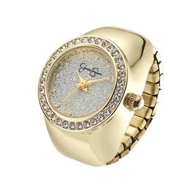 Jessica Simpson Women's Gold Adjustable Ring Watch – Crystal Bezel, Quartz Analog Mini Dial, Stretch Band Fashion Jewelry Accessory