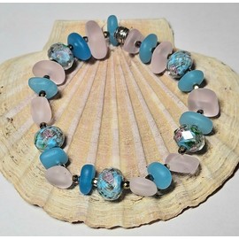 Sea Glass Bracelet, Beach Sea Glass Jewelry, Nautical Jewelry, Pink Blue Beach Glass Stretchy Bracelet by BethExpressions