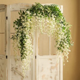 JUSTOYOU 2PCS 7FT Artificial Wisteria Vine Garland Fake flower Wisteria Garlands for Outdoor Indoor Wedding Wall Badroom Decoration(White)