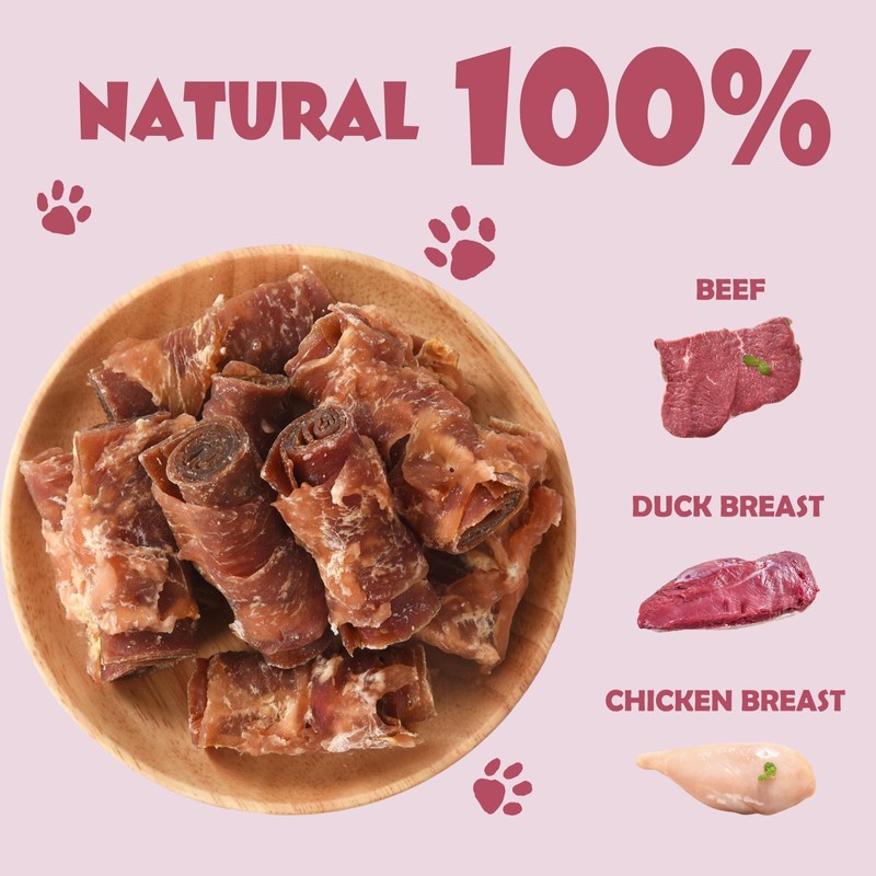 ASMPET Rawhide Free Dog Treats, Triple Flavor Chicken Wrapped Duck