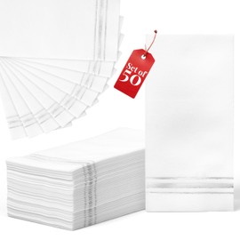 Prestee - Linen-Like Paper Hand Towels - Disposable Guest Towels for Bathroom - White with Silver Stripes - 7.8"x4" Folded - 50 Count - Soft and Absorbent Bathroom Napkins - Elegant Metallic Design