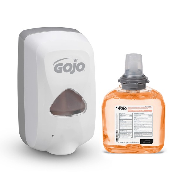 Gojo Premium Foam Antibacterial Handwash, Fresh Fruit Scent, TFX Starter Kit, 1-1200 mL Foam Hand Soap Refill + 1 TFX Dove Grey Touch-Free Soap Dispenser - 5362-D1