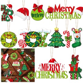 AceOrbit 48 Pcs Christmas Tree Ornaments Lime Green Wood Christmas Tree Ornaments with Rope Xmas Wood Cutouts Hanging Decorations Gift Box Santa Hats Candy Canes for Xmas Wreaths Home Winter Decor
