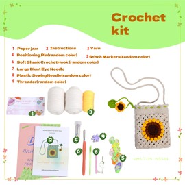 BlueskyInno Crochet Kit for Beginners 2 pcs(Sunflower Bag 1pcs and Green Hairpin 10pcs),Crochet Flowers,Beginner Crochet Kit for Adults, Yarn, Stitch Mark, Step-by-Step Instructions and Video