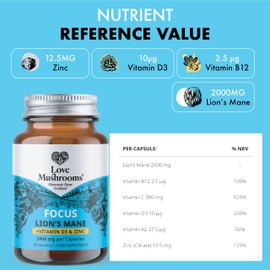 Love Mushrooms – Lion’s Mane Plus Vitamin D3 & Zinc Capsules | Cognitive Support, Immunity Boost, Energy & Vitality | 30 Capsules, Vegan, Made in UK