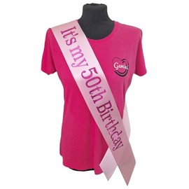 50th Birthday Sash - Its my 50th Birthday Sash - Beautiful Quality Light Pink Ribbon and Holographic Fuchsia Pink Font