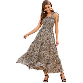 Floerns Women's Floral Print Tie Strap Square Neck Ruffle Boho Maxi Dress A Leopard XS