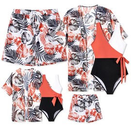 IFFEI Mommy and Me Family Matching Swimsuits Color Block Women One Piece Tummy Control Bathing Suit with Cover Up Boys: 8-9 Years Orange-Black